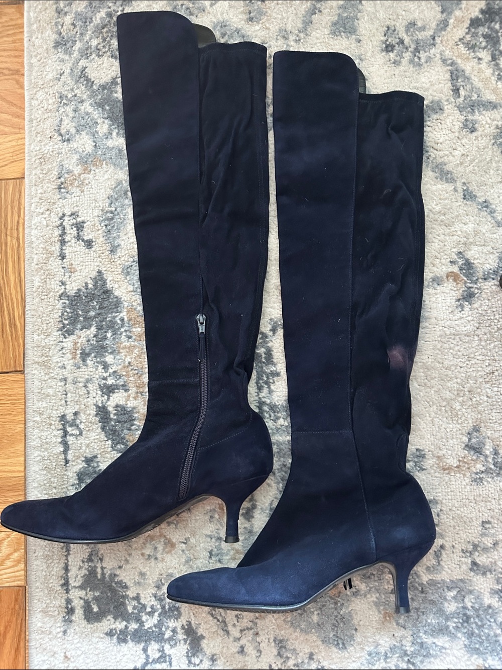 Women's Stuart Weitzman Over-the-Knee Suede Kitten Heel Boots - Navy